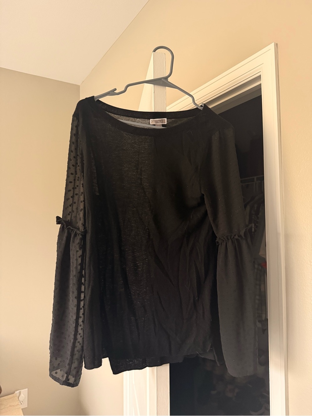 Chelsea28 Black Sheer Dot Bell-Sleeve Long Sleeve Top